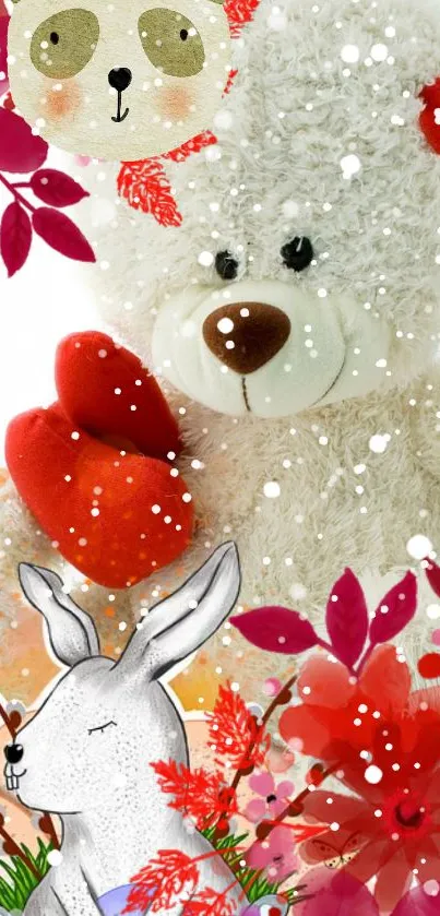Cute teddy bear with red heart accents for mobile wallpaper.