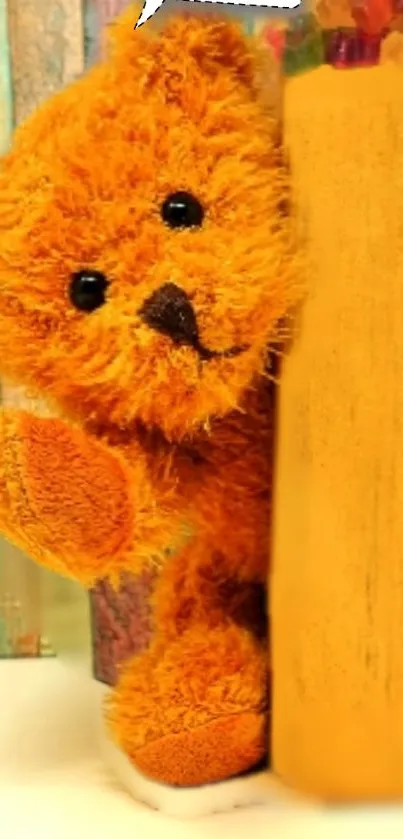 Cute teddy bear peeking behind books wallpaper.