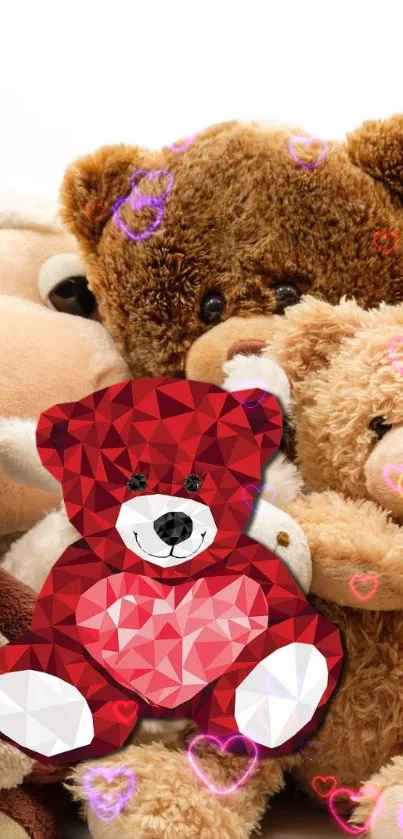 Polygonal red teddy bear among plush toys with heart accents.