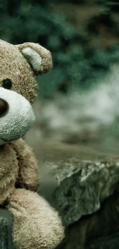 Cute teddy bear sitting on stone with blurred teal background.