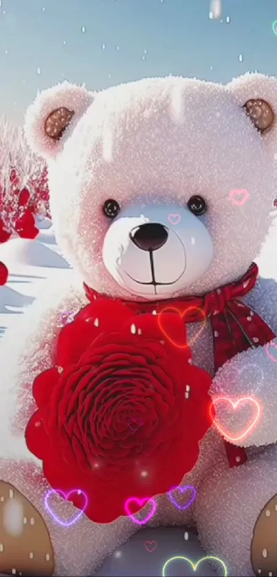 Teddy bear with red rose in snowy heart-filled setting.