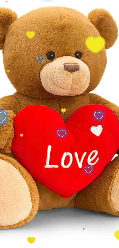 Teddy bear holding red heart cushion.