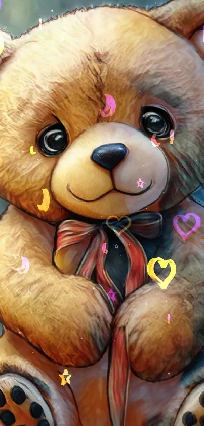 Adorable teddy bear with ribbon sits against a soft background.