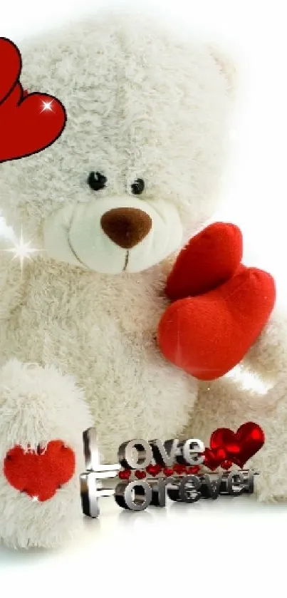 Cute teddy bear with red hearts mobile phone wallpaper.