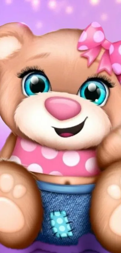 Cute teddy bear with pink bow and polka dots on a colorful wallpaper.