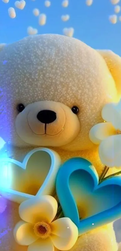 Cute teddy bear wallpaper with hearts and flowers.