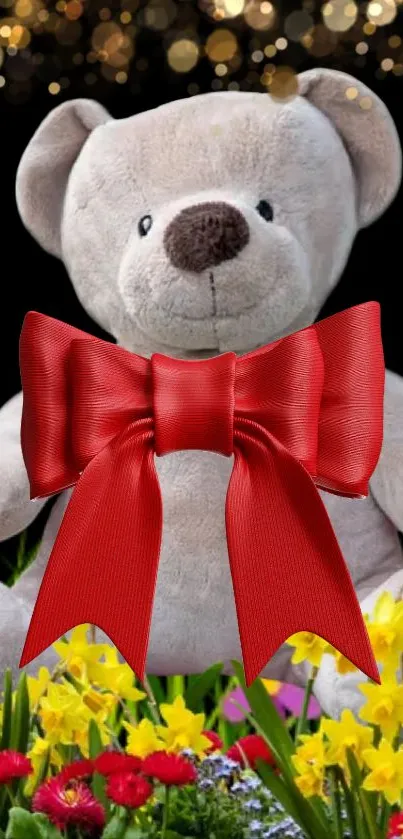 Teddy bear with red bow among flowers and sparkles.