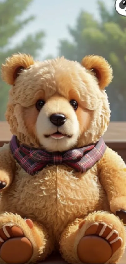 Cute teddy bear with plaid bowtie sitting on wooden floor.