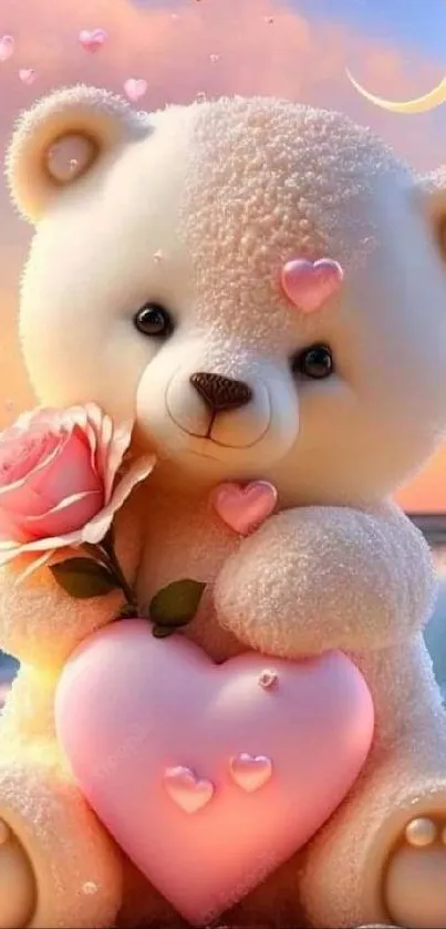 Cute teddy bear holding heart and rose at sunset.