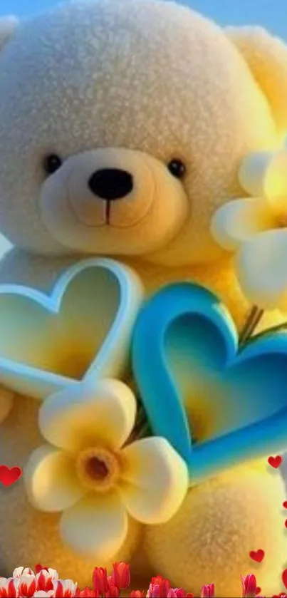 Cute teddy bear with flowers and hearts on a sunny background.