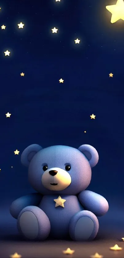 Cute teddy bear with stars on a blue background.