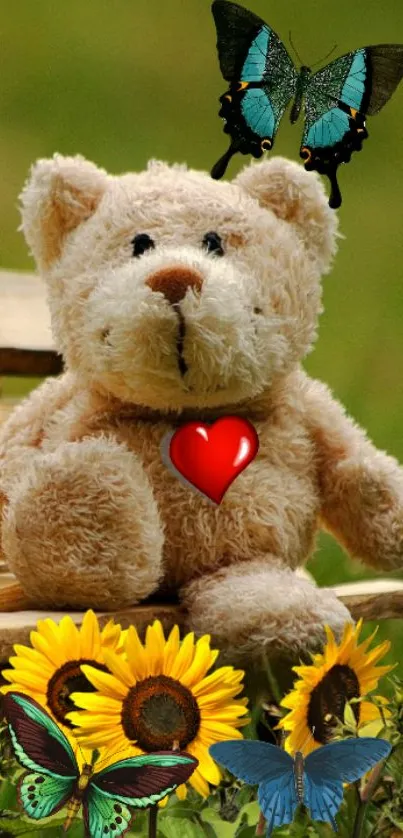 A teddy bear with sunflowers and butterflies on a bench.