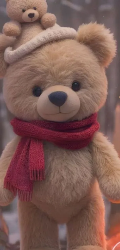 A fluffy teddy bear with a red scarf and a small bear on its hat.