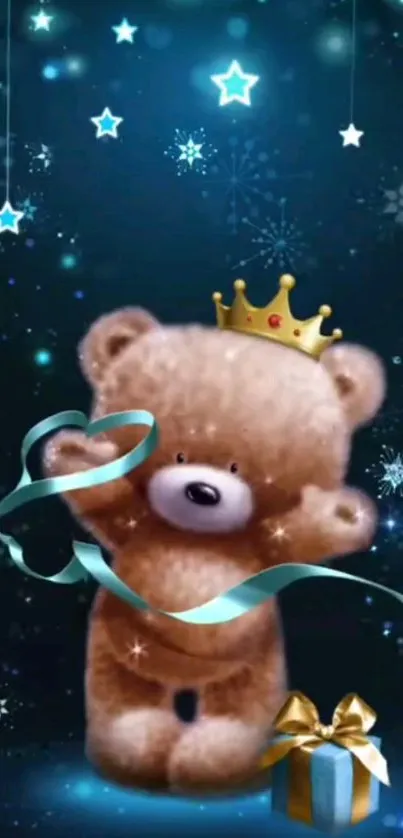 Teddy bear with crown, blue ribbon, and stars mobile wallpaper.