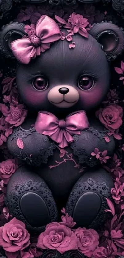 Teddy bear adorned with pink floral accents.