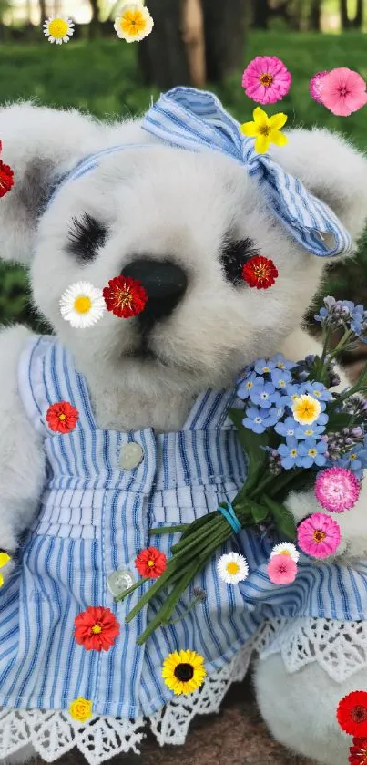 Cute teddy bear in blue dress with flowers in forest setting.