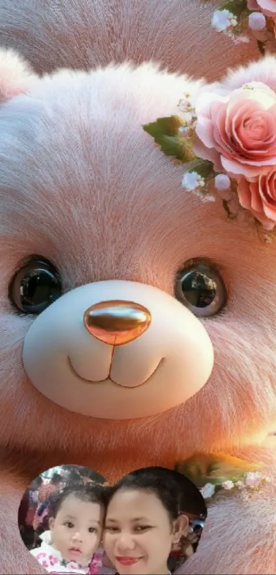 Cute pink teddy bear with flowers and smiling faces.