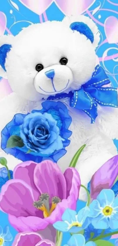 Cute teddy bear with blue and purple flowers.