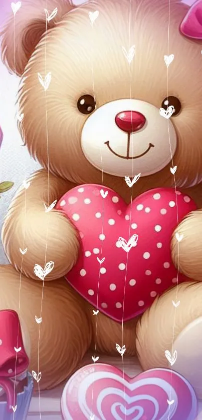 Cute teddy bear with heart and flowers on wallpaper.