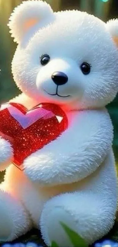 A cute white teddy bear holding a red heart, surrounded by colorful butterflies.