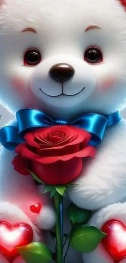 Adorable teddy bear with red rose and blue ribbon.
