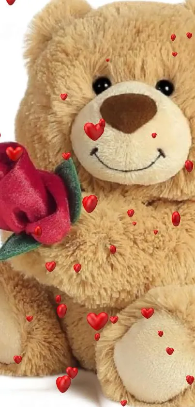 Fluffy teddy bear holding a rose with scattered red hearts.