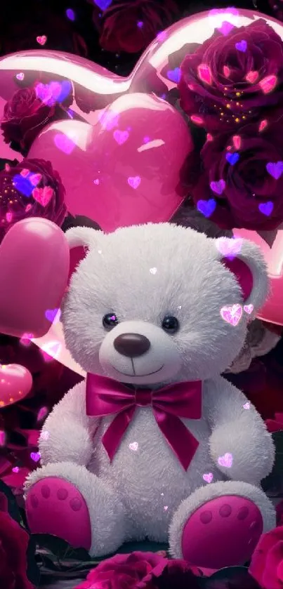 Cute teddy bear with pink hearts and roses.