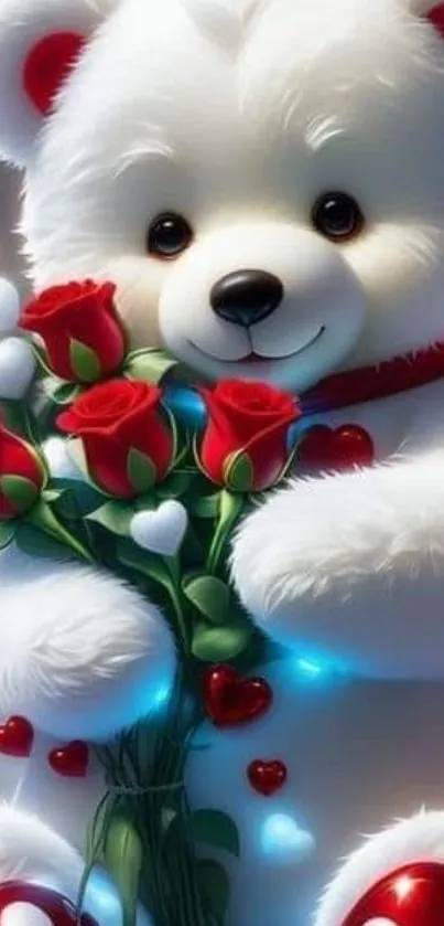 Teddy bear with red roses and heart accents.
