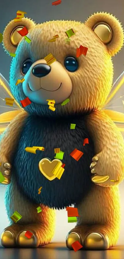 Adorable bear with wings and heart design on a mobile wallpaper.