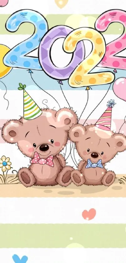 2022 teddy bear wallpaper with balloons and pastel colors.