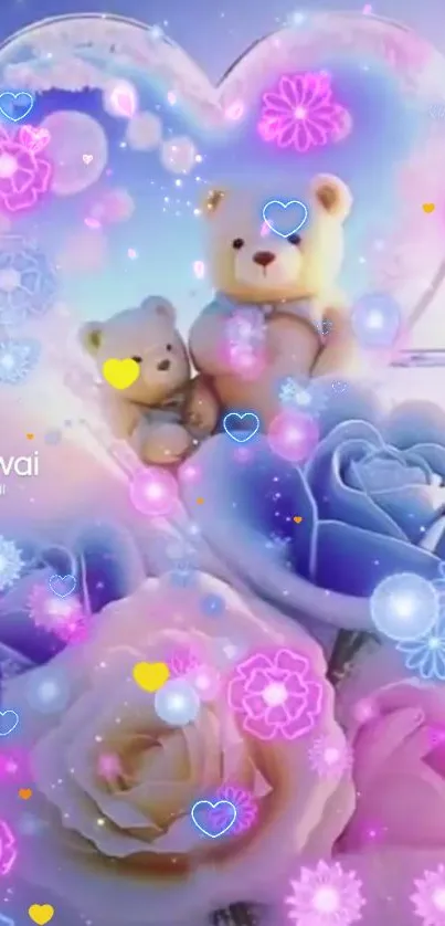 Cute teddy bears and flowers in a heart shape on a soft, dreamy background.