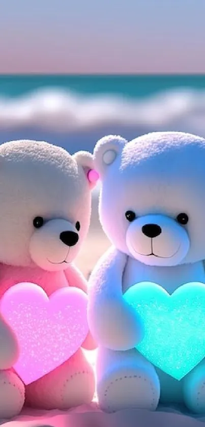 Cute teddy bears with glowing hearts on a beach at sunset.