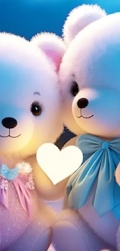 Cute teddy bears holding glowing hearts on a snowy background.