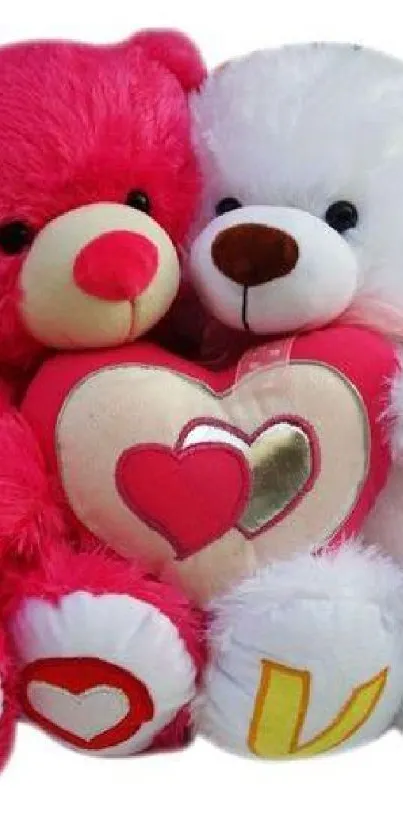 Two cuddling teddy bears with hearts.