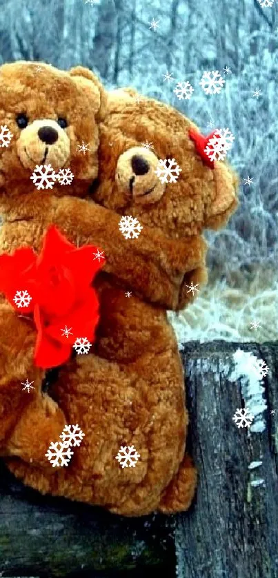 Two teddy bears with red bows on snowy bench.