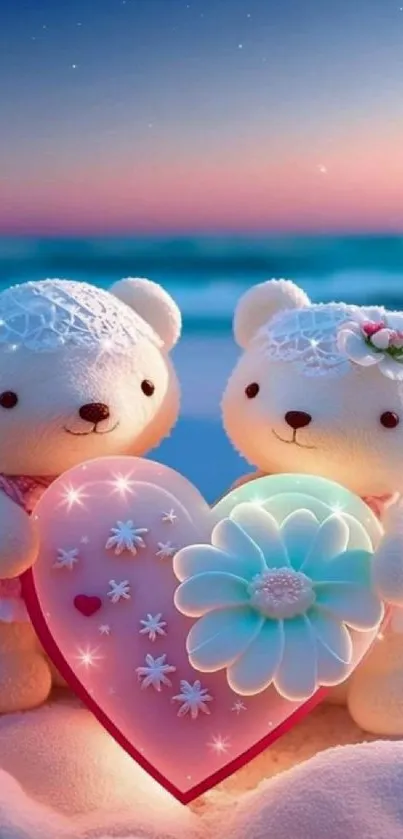 Cute teddy bears on beach holding a heart.