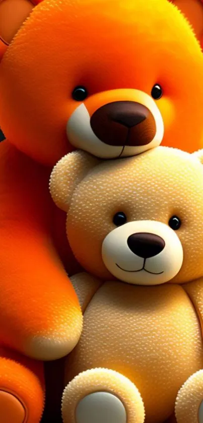 Two adorable teddy bears in orange hues on mobile wallpaper.