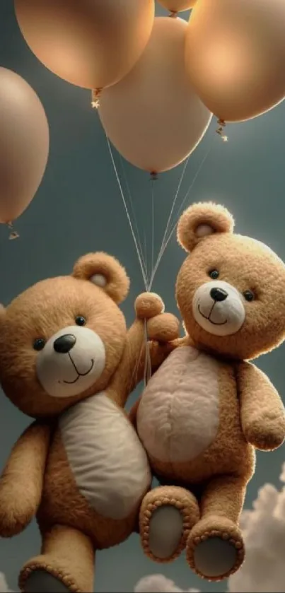 Teddy bears holding balloons floating among clouds.