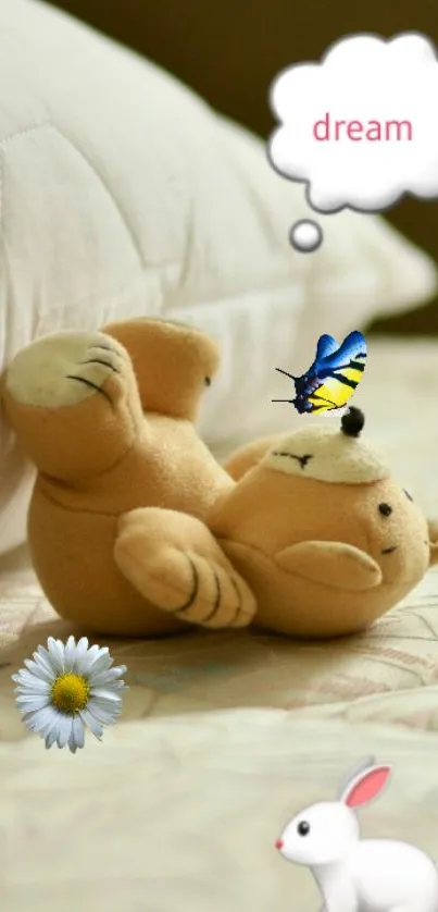 Cute teddy bear with butterfly on bed, dreaming.