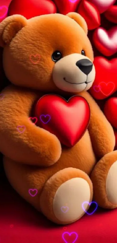 Adorable teddy bear with red hearts wallpaper.