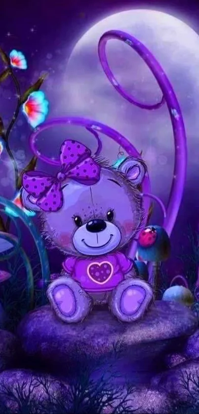 Cute teddy bear in a purple fantasy setting under a full moon.