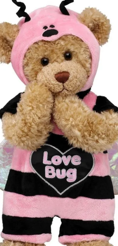 Cute teddy bear in pink love bug costume with heart antenna.