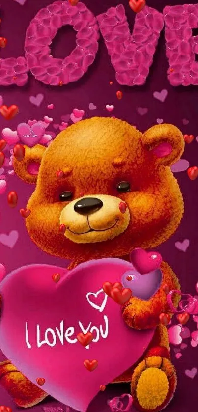 Adorable teddy bear with hearts in a love-themed mobile wallpaper.