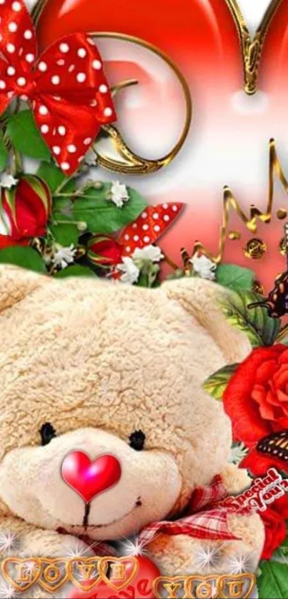 Cute teddy bear with heart and roses wallpaper, featuring vibrant colors and butterfly.