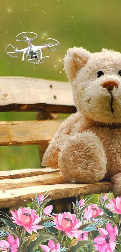 Teddy bear sits on a wooden bench with pink flowers and a small drone above.