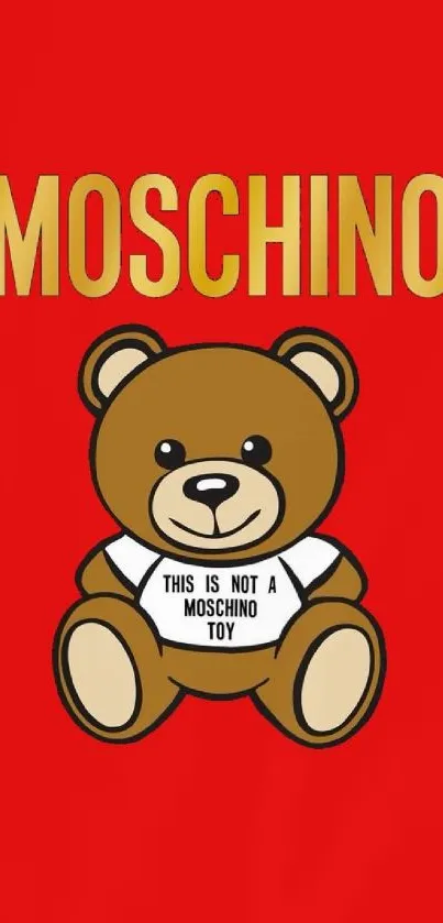 Red Moschino teddy bear wallpaper with bold text.