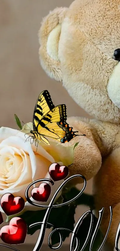 Teddy bear beside a rose with butterfly on a love-themed wallpaper.