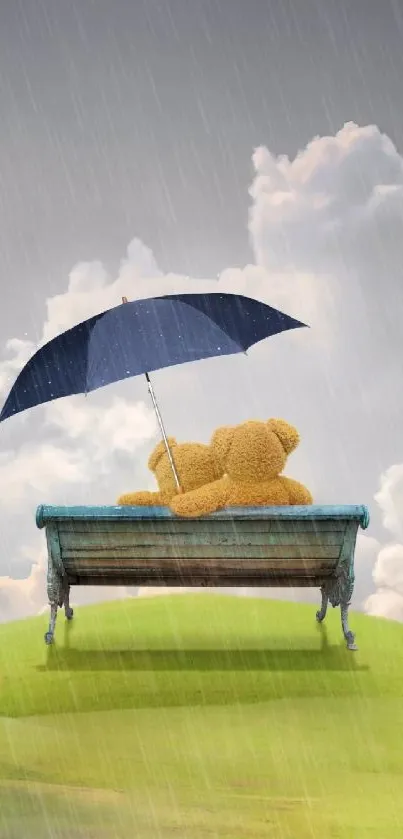 Teddy bear on bench under umbrella in rain.