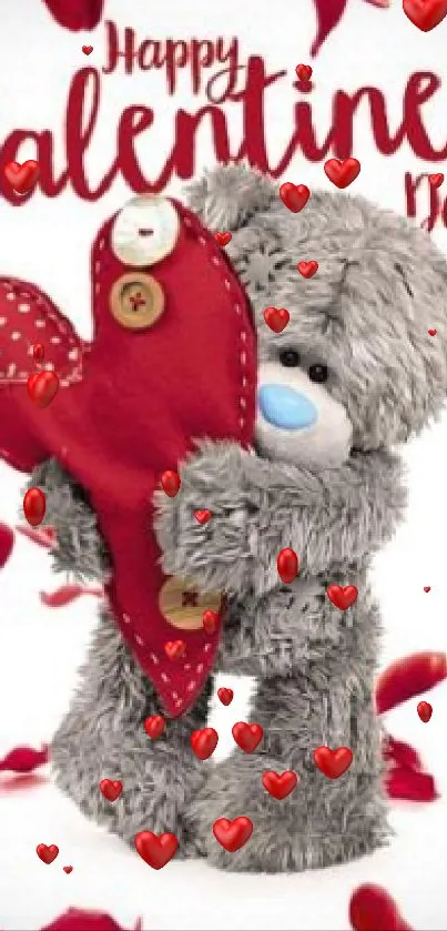 Teddy bear with red heart and petals for Valentine's Day wallpaper.