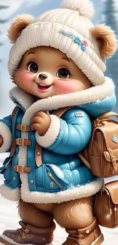 Cute teddy bear in blue coat with snowy background.